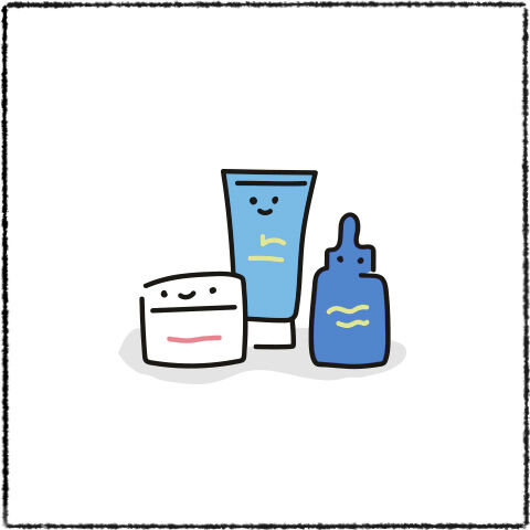 A cartoon-style illustration of three skincare products: a jar, a tube, and a dropper bottle, all featuring friendly smiling faces.