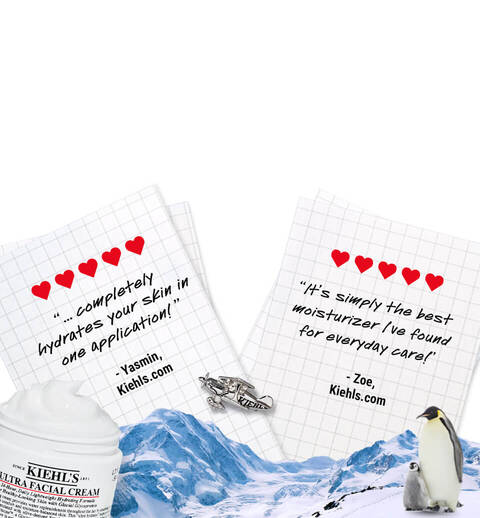 Alt text: A jar of Kiehl's Ultra Facial Cream with mountains in the background, accompanied by notes highlighting its moisturizing benefits and a penguin.