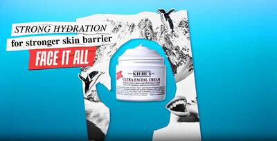 A promotional image featuring Kiehl's Ultra Facial Cream, highlighting its strong hydration benefits for a stronger skin barrier. The cream is placed against a colorful backdrop, with stylized mountain and animal illustrations.