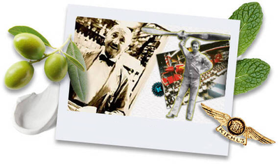 A vintage-style photo collage featuring a smiling man, an airplane propeller, and an assortment of fresh green leaves and olives, accompanied by a Kiehl's badge.