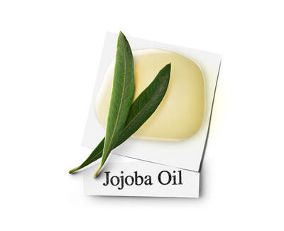 Alt text: A small puddle of jojoba oil with two green jojoba leaves beside it, placed on a light background with "Jojoba Oil" printed below.