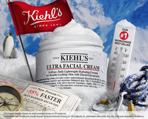 A jar of Kiehl's Ultra Facial Cream surrounded by snow and ice, with a thermometer indicating cold temperatures and a flag displaying the Kiehl's logo. The backdrop features a snowy mountain landscape.