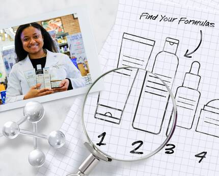 A smiling woman holds skincare products in a pharmacy, surrounded by a background featuring chemical structures and sketches of various skincare items.