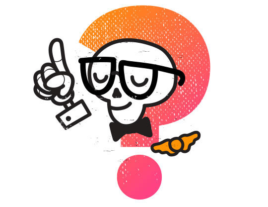 Un squelette avec des lunettes et un noeud papillon, tenant une cle, se tenant devant un point d'interrogation colore.