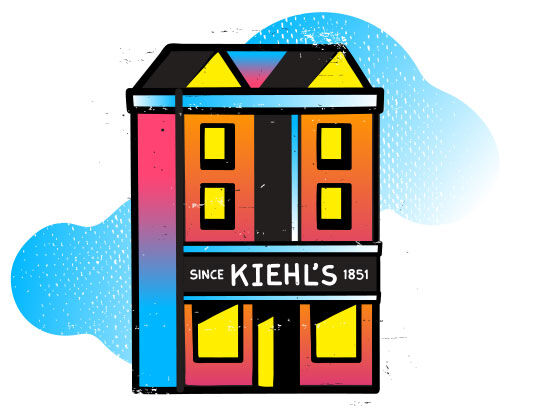 Illustration d’un batiment colore, representant la marque Kiehl's, fondee en 1851, avec des elements graphiques modernes.