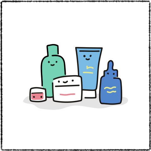 A cheerful assortment of skincare products, including bottles and jars, all with smiling faces, set against a white background.