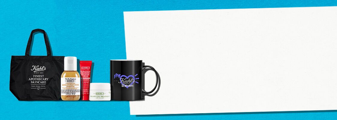 Banniere Kiehl’s sur fond bleu presentant cinq cadeaux offerts des 99 € : un sac noir Kiehl’s, le Calendula Herbal‑Extract Toner, la creme Ultra Facial Meltdown Recovery Cream, le Creamy Eye Treatment et une tasse Kiehl’s Rewards.