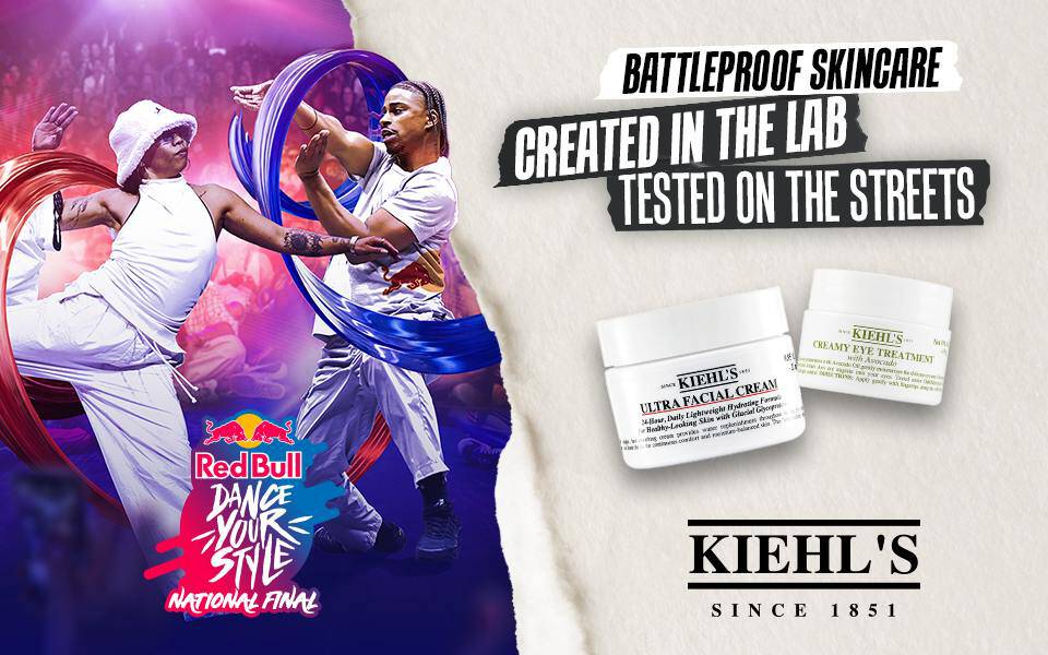 Collaboration Kiehl's et Red Bull Dance Your Style National Final – "Battleproof Skincare, cree en laboratoire, teste dans la rue", avec Ultra Facial Cream et Creamy Eye Treatment with Avocado