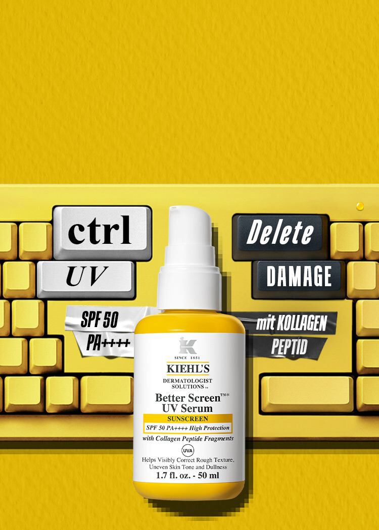 Kreatives Werbebild fur das 'Better Screen UV Serum' von Kiehl's auf leuchtend gelbem Hintergrund. Das Produkt steht auf einer gelben Computertastatur, deren Tasten fur ein Wortspiel angepasst wurden: Links befinden sich weiße Tasten mit der Aufschrift 'ctrl' und 'UV' sowie ein Klebeband mit 'SPF 50 PA++++'. Rechts sind schwarze Tasten mit 'Delete' und 'DAMAGE' zu sehen, erganzt durch ein Band mit dem Text 'mit KOLLAGEN PEPTID'.