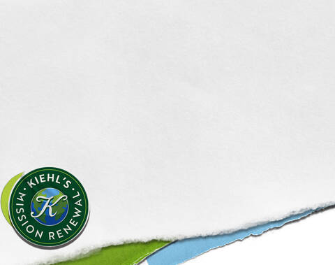 Logo de Kiehl's Mission Renewal avec un cercle vert et un globe bleu, entoure de bords de papier verts et bleus vibrants.