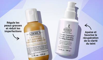 Alt text: A digital collage featuring a smiling woman holding a skincare product, two women consulting over a product in a store, and a sketched character beside the Kiehl's logo, promoting personalized skincare consultations.