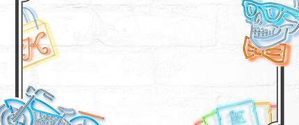 Bunte Neon-Illustrationen von verschiedenen Piktogrammen wie einem Totenkopf mit Sonnenbrille, einer Motorrader, Glasern, einer Gabel, und einer Uhr auf einem weißen Hintergrund.