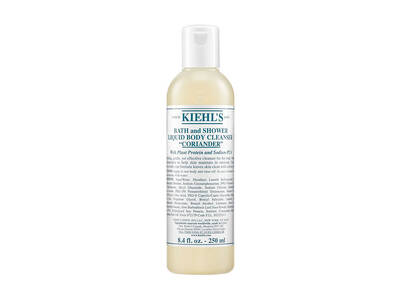 Flacon de nettoyant liquide pour le corps Kiehl's Coriander, 250 ml, avec un design elegant et informations detaillees.