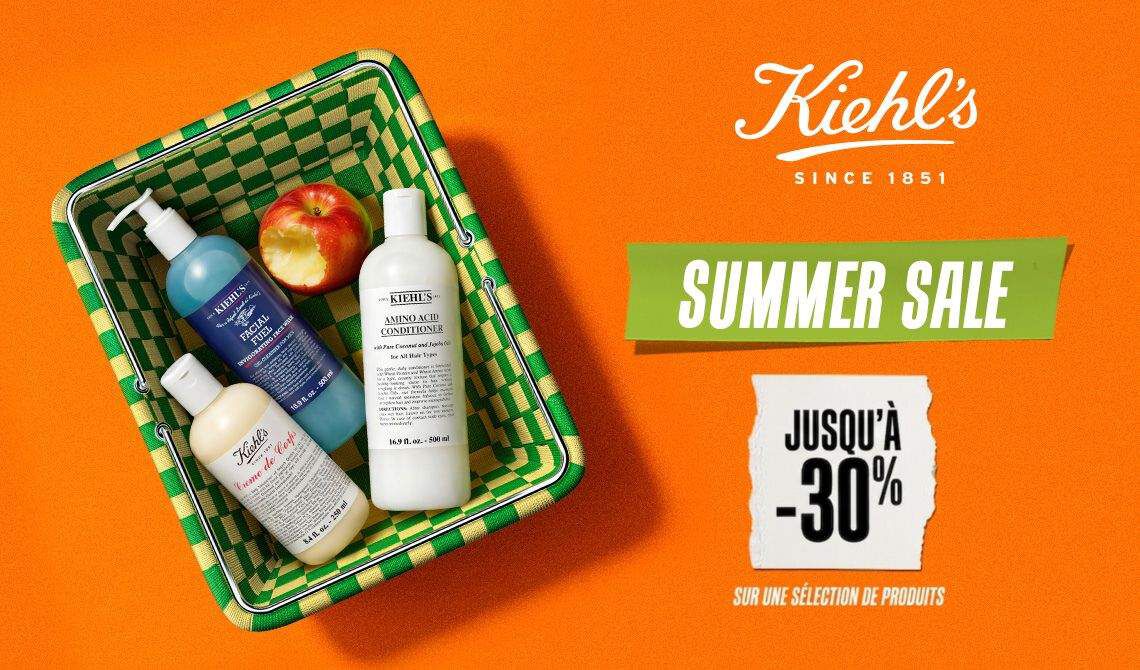Kiehl's Summer Sale – Jusqu'a -30% sur une selection de produits, avec Creme de Corps, Facial Fuel et Amino Acid Conditioner dans un panier de pique-nique sur fond orange