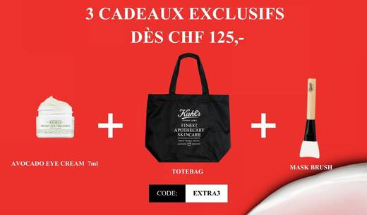 Offre Kiehl’s : 3 cadeaux exclusifs des 125 CHF d’achat. Recevez une creme contour des yeux a l’avocat 7 ml, un totebag noir Kiehl’s et un pinceau a masque. Utilisez le code EXTRA3.