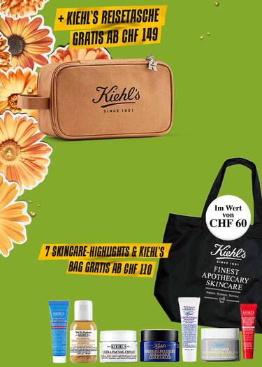 Visuel promotionnel Kiehl’s sur fond vert avec des fleurs : a gauche, une trousse de voyage Kiehl’s offerte des 139 € ; a droite, un sac Kiehl’s accompagne de sept produits de soin offerts des 100 €, d’une valeur de plus de 60 CHF.