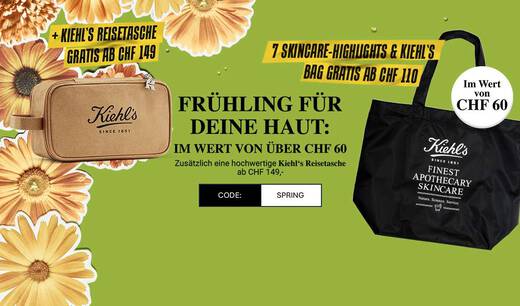 Visuel promotionnel Kiehl’s sur fond vert avec des fleurs : a gauche, une trousse de voyage Kiehl’s offerte des CHF 149,- ; a droite, un sac Kiehl’s accompagne de sept produits de soin offerts des CHF 110,- , d’une valeur de plus de 60 CHF.