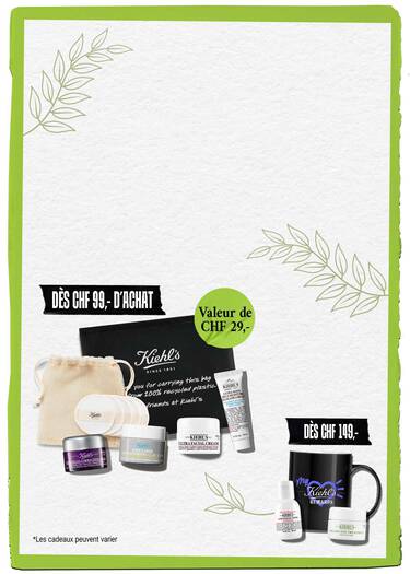 Banniere promotionnelle Kiehl's presentant deux offres cadeaux : a partir de CHF 99 un set comprenant l'Ultra Facial Cream, le Midnight Recovery Concentrate et des cadeaux d'une valeur de CHF 29 ; a partir de CHF 149 un set comprenant l'Ultra Facial Toner, le Creamy Eye Treatment with Avocado et un mug exclusif My Kiehl's Rewards. *Les cadeaux peuvent varier.