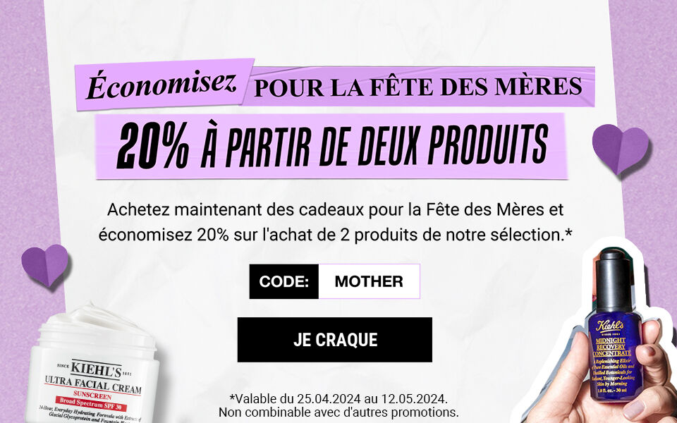 Texte alternatif : Promotion pour la fete des meres offrant 20 % de reduction sur certains produits, avec un code promo "MOTHER". Images de divers produits de beaute de la marque Kiehl's.