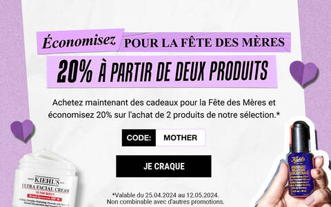 Texte alternatif : Promotion pour la fete des meres offrant 20 % de reduction sur certains produits, avec un code promo "MOTHER". Images de divers produits de beaute de la marque Kiehl's.