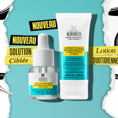Flacon de serum et tube de lotion de la marque Kiehl's, etiquetes "Nouveau" et "Solution Ciblee", sur un fond colore.