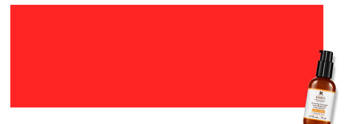 Image presentant un arriere-plan rouge uni avec un flacon de serum Kiehl's sur le cote droit.