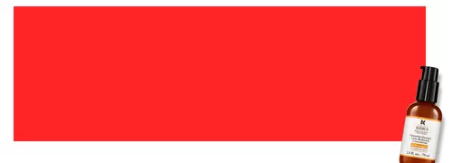 Image presentant un arriere-plan rouge uni avec un flacon de serum Kiehl's sur le cote droit.