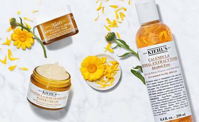 Ein Produktstillleben mit Kiehl's Hautpflegeartikeln, darunter eine Gesichtsmaske, eine Wassercreme und ein alkoholfreier Toner, umgeben von Ringelblumenblutenblattern.