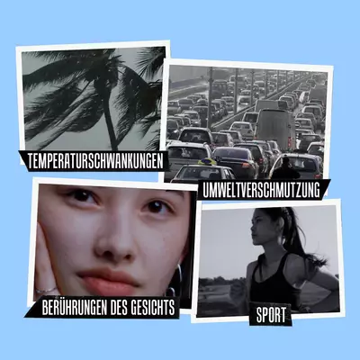 A collage with four images: a blurred view of palm trees indicating weather, a traffic jam illustrating pollution, a close-up of a person's face touching their cheek, and a woman jogging outdoors to represent exercise. All images are framed with labels: "Temperature," "Pollution," "Touching Face," and "Exercise."