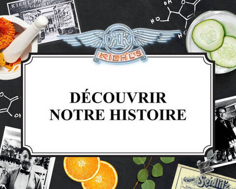 Une composition d'images vintage liees a l'histoire de Kiehl's, entourees de plantes, de fruits et d'elements graphiques, avec le texte "DECOUVRIR NOTRE HISTOIRE" en noir sur fond blanc.