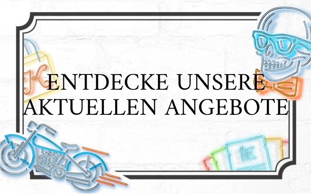 Alt-Text: "Werbung mit dem Text 'Entdecke unsere aktuellen Angebote'. Umgeben von bunten, neonartigen Illustrationen von einem Fahrrad, einer Einkaufstasche und einem Totenschädel."